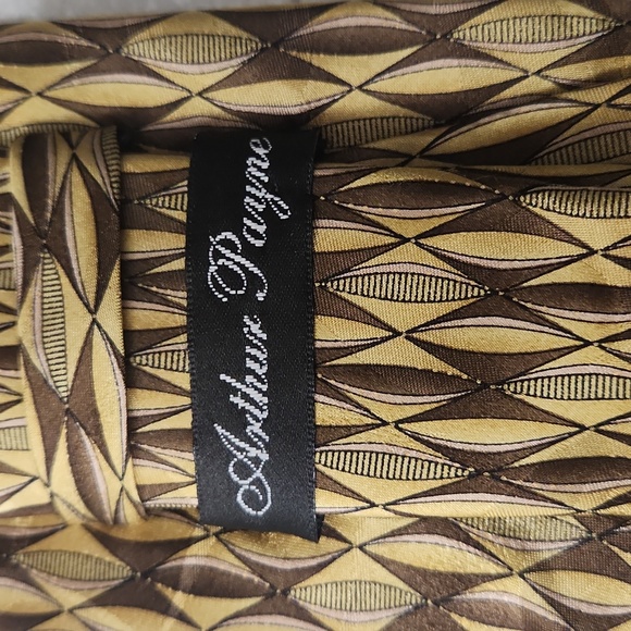 ARTHUR PAYNE mod geometric tie gold+brown silk abstract diamond print necktie - Picture 2 of 5